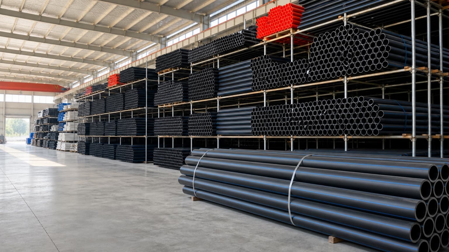 Black HDPE water supply pipes in Lanzhi Pipes warehouse
